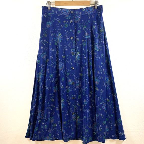 Womens 100% Silk Button Front Midi Skirt Sz L Blue Floral Cottage Artsy Office - Picture 1 of 11